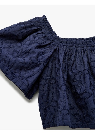 Koton Pamuklu Brodeli Fistolu Kısa Kollu Crop Bluz Lacivert 5skg60065aw Lacivert