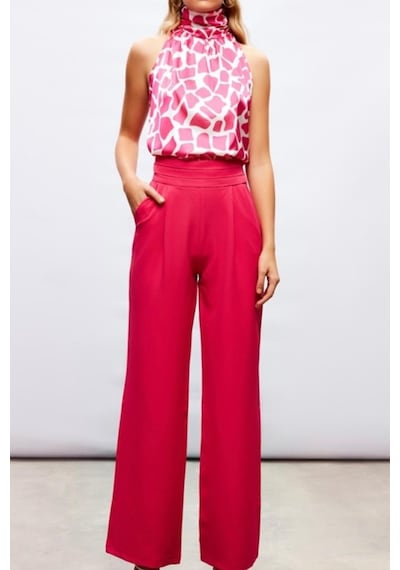 Kuşak Detaylı Cepli Kumaş Pantolon- Pembe Renk-108 Pembe