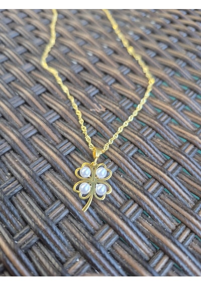 925 Ayar Papatya Silver İncili Yonca Kolye Rose,gold,rodaj Gümüş