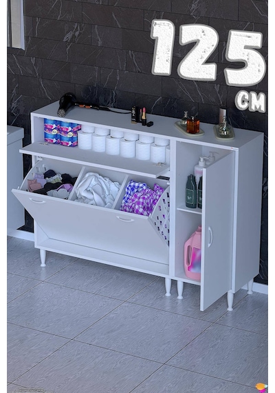 Dora 125 Cm Üçlü Sepetli Geniş Modüler Banyo Ve Kiler Dolabı Beyaz 90+35 X97x32 Cm