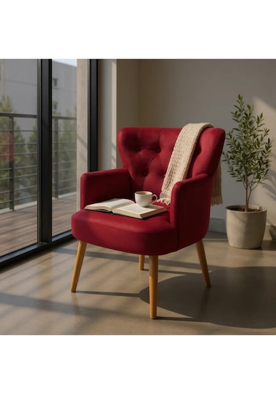 Waterybrook Tekli Berjer Koltuk - Kapitoneli Babyface Kumaş - Ceviz Ahşap Ayaklı - Retro Modern Tasarım Bordo