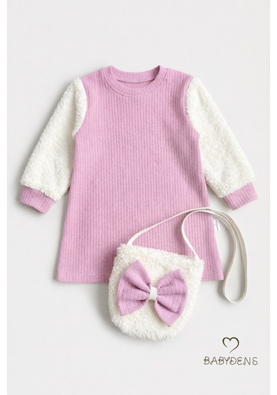 Babyden's Bayramlık Şık Ve Rahat Kız Bebek Elbise Çantalı Yumuşak Peluş Kollu Kışlık Çocuk Kombini Pembe