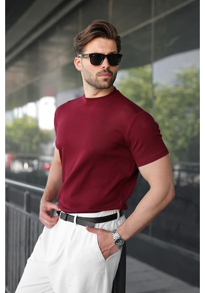Madmext Bordo Bisiklet Yaka Regular Fit Erkek Tişört E7188