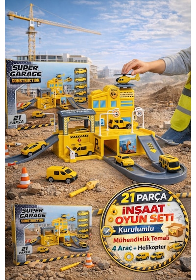 İnşaat Garaj Oyuncak Seti 21 Parça Araçlı Helikopterli Rampalı Otopark Eğitici Oyun