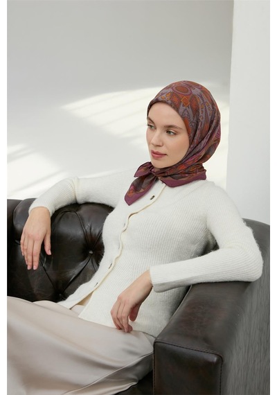 Silk Home Viskon Velora Eşarp Mürdüm Çok Renkli Desenli Tok Duruşlu 90x90