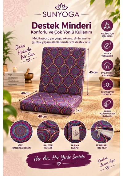 3'lü Yoga Ve Meditasyon Seti Zafu Bolster Minder Mandala Mor