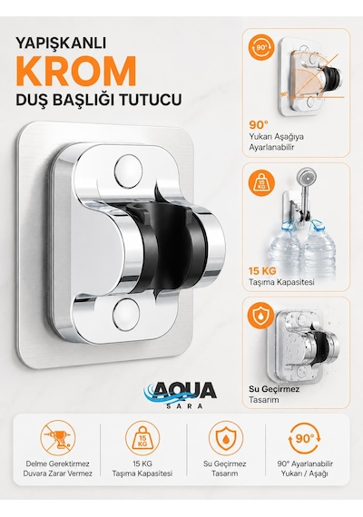 Yapışkanlı Duş Başlığı Tutucu , Ayarlanabilir Su Geçirmez Yapışkanlı Mafsal Chrome Tepe Duş Sistemleri Krom