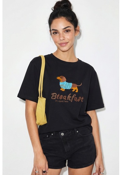 Shade Kadın Bisiklet Yaka Nakış Ve Boncuk İşlemeli Oversize T-shirt 2221 60286122 - Siyah