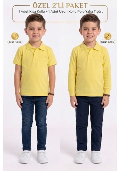 Nacar Store Unisex Çocuk Uzun Ve Kısa Kollu Polo Yaka Okul Tişörtü 2'li Set Acık Sarı