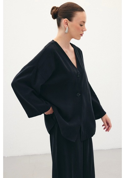Sateen Düğmeli Kimono - Siyah Siyah