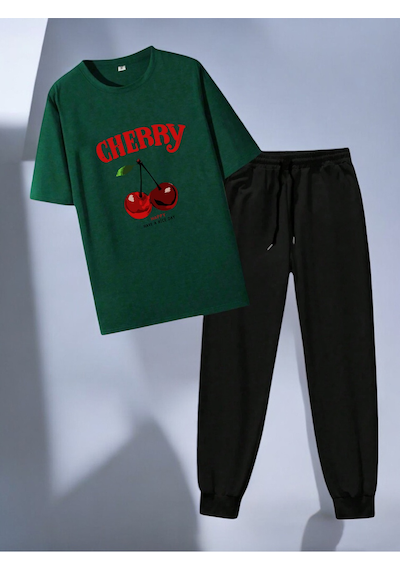 Uyguntarz Unisex Happy Cherry Tasarım Basklı Tshirt Eşofman Takımı Yeşil