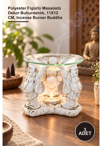 3 Adet Buda Buhurdanlık Polyester Figürlü Masaüstü Dekor Buhurdanlık, 11x12 Cm, Incense Burner Buddha
