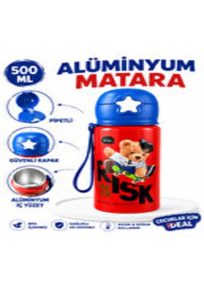 Alüminyum Matara 500 Ml Çocuk Su Matarası Pipetli Sızdırmaz Dayanıklı Taşıma İpli Kırmızı