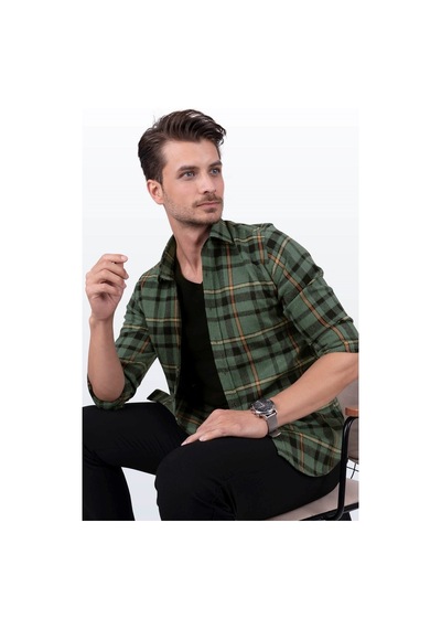 Yeşil Turuncu Çizgili Slimfit Oduncu Gömlek Yeşil