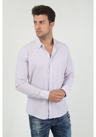 Erkek Kalın Dik Çizgili Uzun Kollu Slim Fit Gömlek 21y-4300599 Lila Lila
