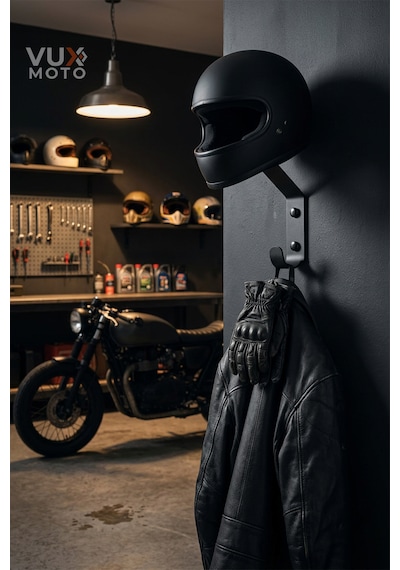 Vux Moto Duvar Tipi Metal Kask Ve Mont Askılığı - Motosiklet Ekipman Tutucu Mat Siyah