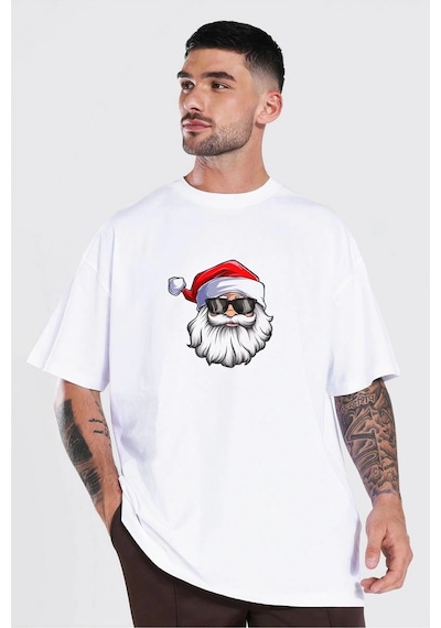 Freedom Storee Yılbaşı Gözlüklü Noel Baba Baskılı Kısa Kollu Oversize Bisiklet Yaka T-shirt - Beyaz Çok Renkli