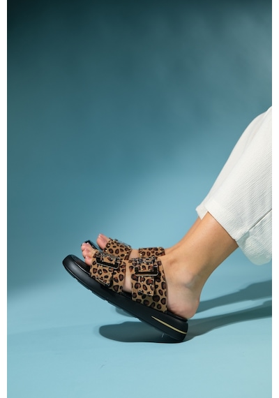 Luvishoes Zley Siyah Sarı Desenli Şeffaf Tokalı Kadın Terlik Siyah - Sarı