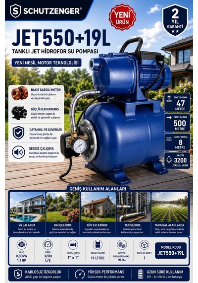 Jet550 Su Pompası 1,1 Hp Bakır Sargı 19 Lt Tank 4 Kat 6 Daire Su Verir Otomatik 47 Mt Dik Atar