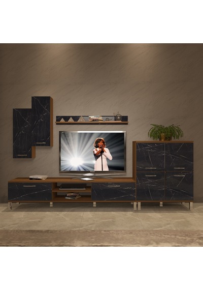 Decoraktiv Eko 6 Mdf Dvd Krom Ayaklı Tv Ünitesi Tv Sehpası Ceviz - Siyah Mermer