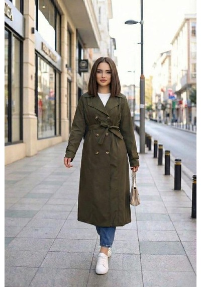 Hb Harma Time Butik Kadın İçi Astarlı Kuşaklı Düğmeli Haki Bondit Trençkot