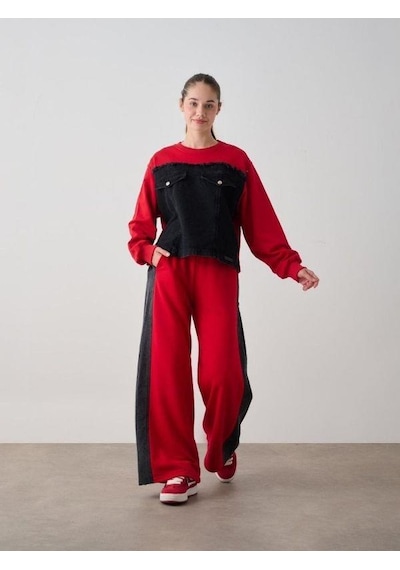 Kız Çocuk Mevsimlik Altı Denim Cepli 3 İplik Sweatshirt-14777 Kırmızı
