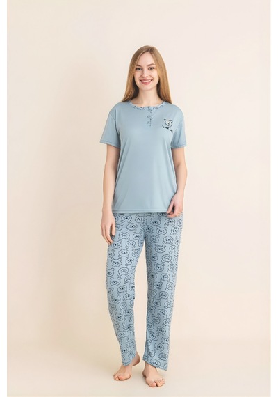 Enisena Kadın Pijama Takımı-menekşe Kumaş-3 Düğmeli-yaka Baskılı-12606sf Turkuaz Enisena Kadın Pijama Takımı-menekşe Kumaş-3 Düğmeli-yaka Baskılı-12606sf Turkuaz