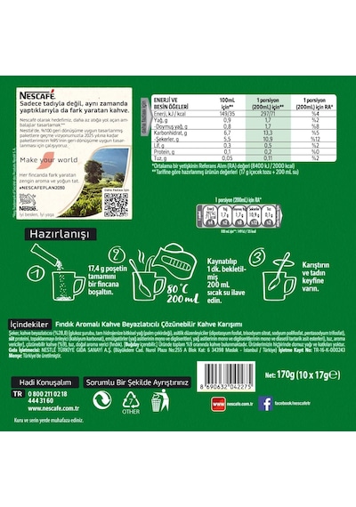 Nescafe 3ü1 Arada Fındık Aromalı Granül Kahve 10'lu Paket 2 Adet