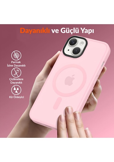 Bix İphone 15 Magsafe Uyumlu Kılıf Tam Koruma Manyetik Darbe Emici Pembe