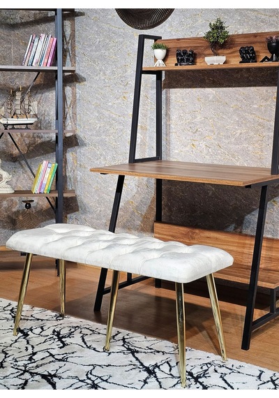 Zafir Gold Metal Krem Oturaklı Sivriltme Ayaklı Babyface Puf & Bench & Oturak Krem
