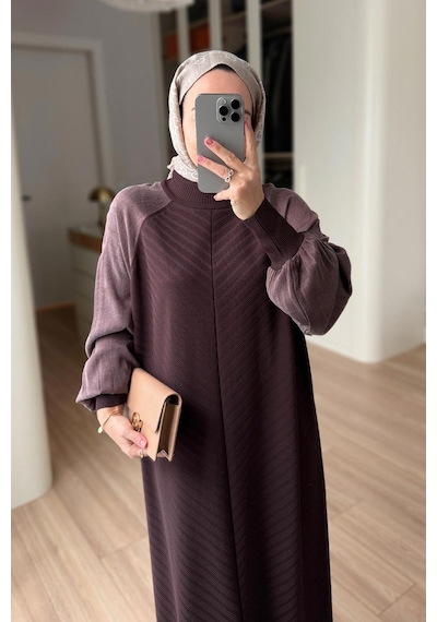 Kahijab Kendinden Desenli Yarım Balıkçı Merserize Elbise - Kahverengi