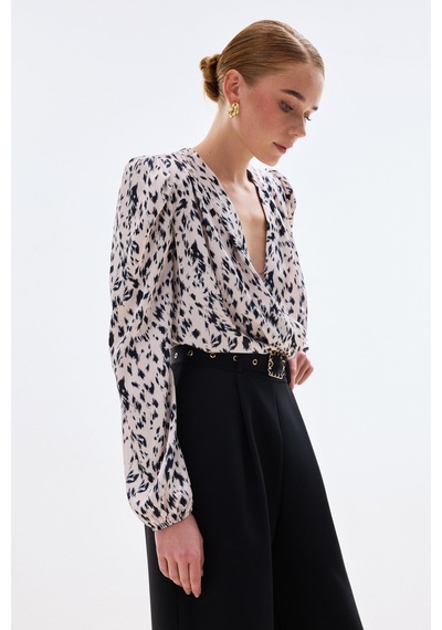 Sateen Kruvaze Bodysuit Bluz - Ekru-136748 Ekru