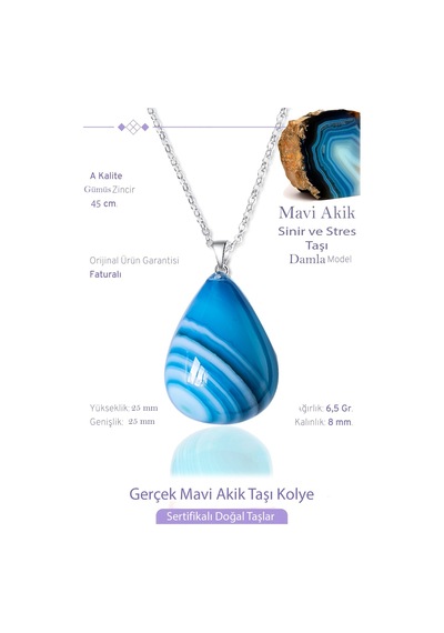Erilsa Sertifikalı Damla Model Gerçek Mavi Akik Taşı Kolye Çok Renkli