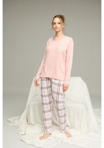 Siyah İnci Örme Pamuklu Pijama Takım25240274 Pudra