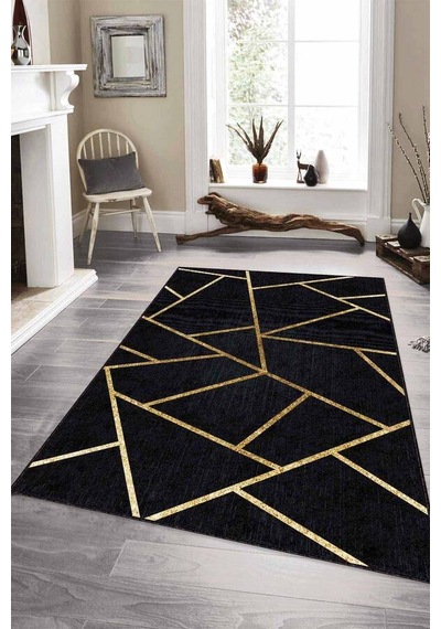 Siyah Gold Geometrik Kaymaz Tabanlı Dekoratif Halı Rv161n11 Siyah - Gold