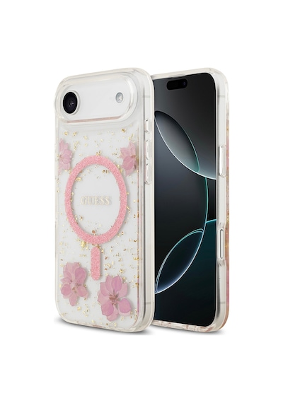 Apple Uyumlu iPhone 17 Air Kılıf Guess Lisanslı M-safe Şarj Özellikli Transparan Resin Flowers Kapak Pembe Pembe