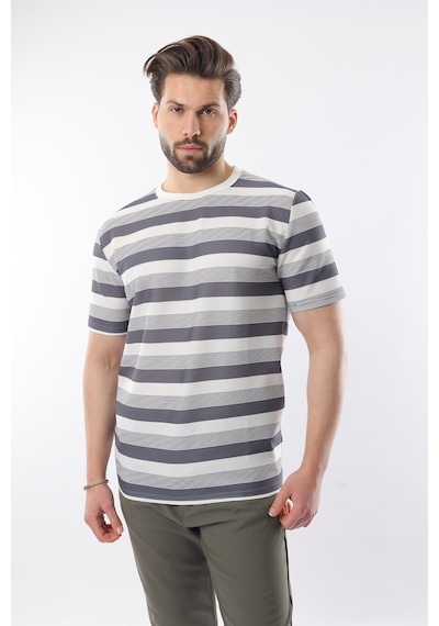 Madmext Füme Bisiklet Yaka Çizgili Erkek T-shirt E7118 Füme