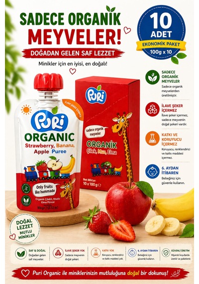 Organic Çilekli, Muzlu Elma Püresi 100 G x 10 %100 Organik İlave Şekersiz 10'lu Paket