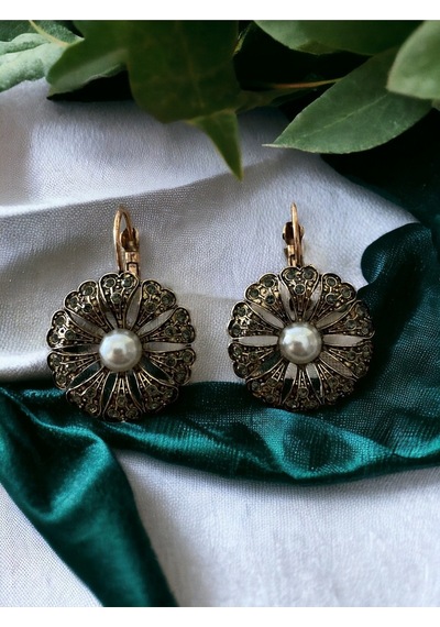 Black Diamond Taşlı İnci Çiçek Küpe Gri