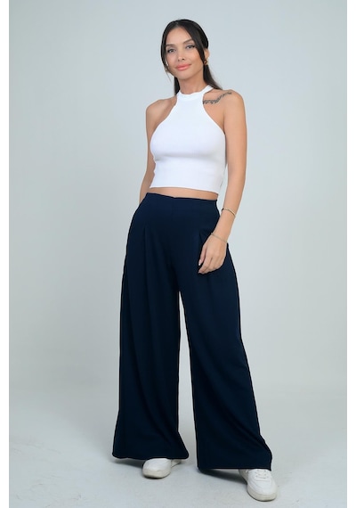 By Saygı Kadın Beli Lastikli Cepli Önü Pileli Bol Paça Osyho Pantolon-41743 Lacivert