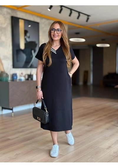 Veraura Lifestyle Kadın Kısa Kollu V Ribana Yakalı Yırtmaçlı Midi Viskon Iki Iplik Elbise Siyah