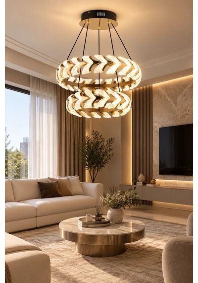Modern Premium Led Avize Gold Kasa Çift Katlı Sarkıt Salon Yemek Odası Avizesi 85w