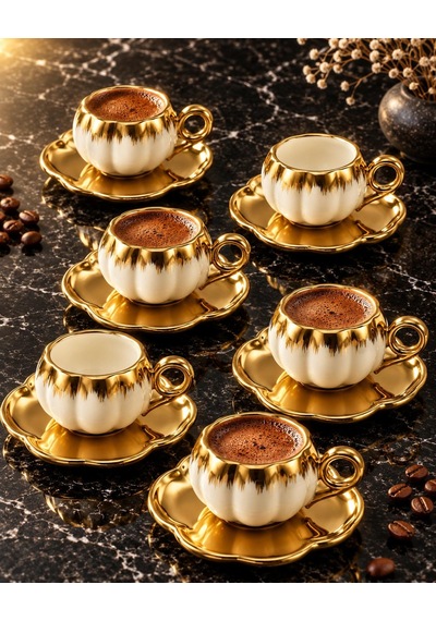 Valkyrie 6 Kişilik Beyaz Gold Balkabağı Model Türk Kahvesi Fincan Takımı 12 Parça 80 Ml Çeyizlik Byz