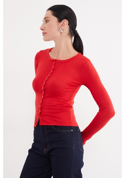 Fullamoda Önü Çıtçıtlı Ribanalı Slim Fit Bluz Kırmızı