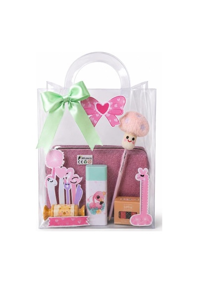 Sevimli Simli Kırtasiye Seti/glitter Kalem Kutusu, Hb Kalem, Silgi, Washi Bantlar, Kalemtıraş Pembe