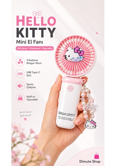 Hello Kitty Mini El Fanı Taşınabilir Usb Şarjlı Sessiz Masa Ve El Tipi Vantilatör Pembe