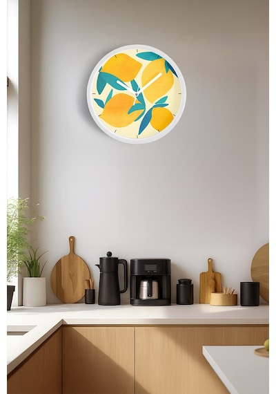 Limon Tasarımı Mutfak Duvar Saati - 42cm - Önü Camlı Beyaz Kasa - Sessiz Mekanizma Beyaz