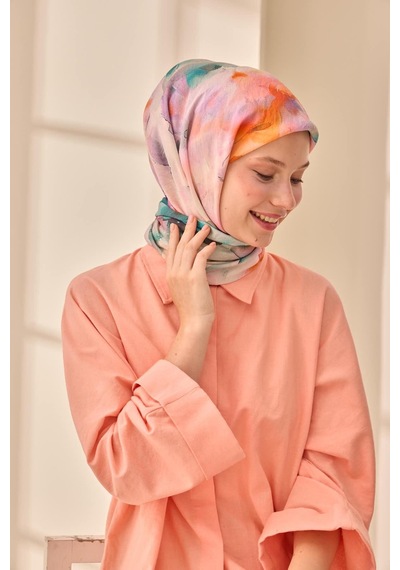 Silk Home Olinda İpek Eşarp 47004-12 Gümüş, Turkuaz, Petrol Mavi, Turuncu, Lila