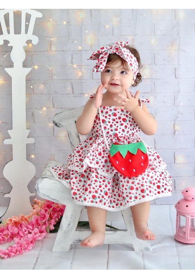 Mnk Baby & Kids Mnk Çantalı Çilek Elbise Kırmızı