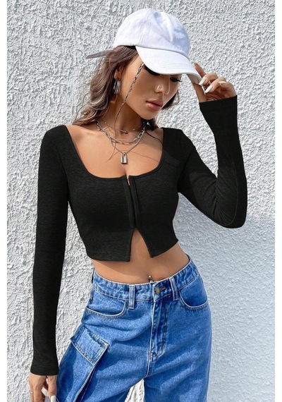 I-moda Kadın Siyah Uzun Kollu Agraflı Göğüs Ve Göbek Dekolteli Crop Top Bluz